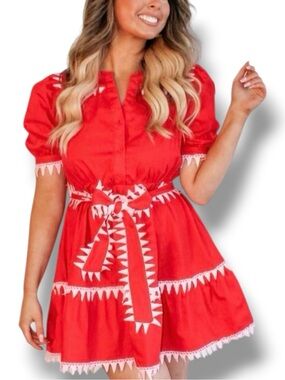 RareRaw NWT Cupid Puff Sleeve Mini Dress Red Scalloped Trim Size Large